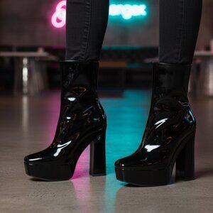 New Guess Byra Black Patent Faux Leather Heel Platform Boots
